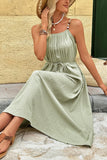 Green Spaghetti Straps A Line Pleated Summer Dress