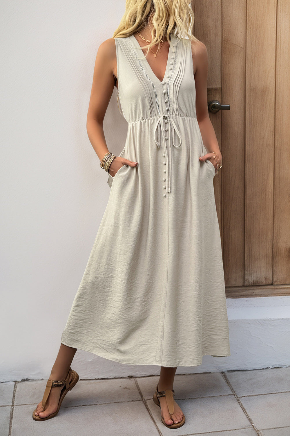 V Neck Khaki A Line Casual Summer Dress with Pockets