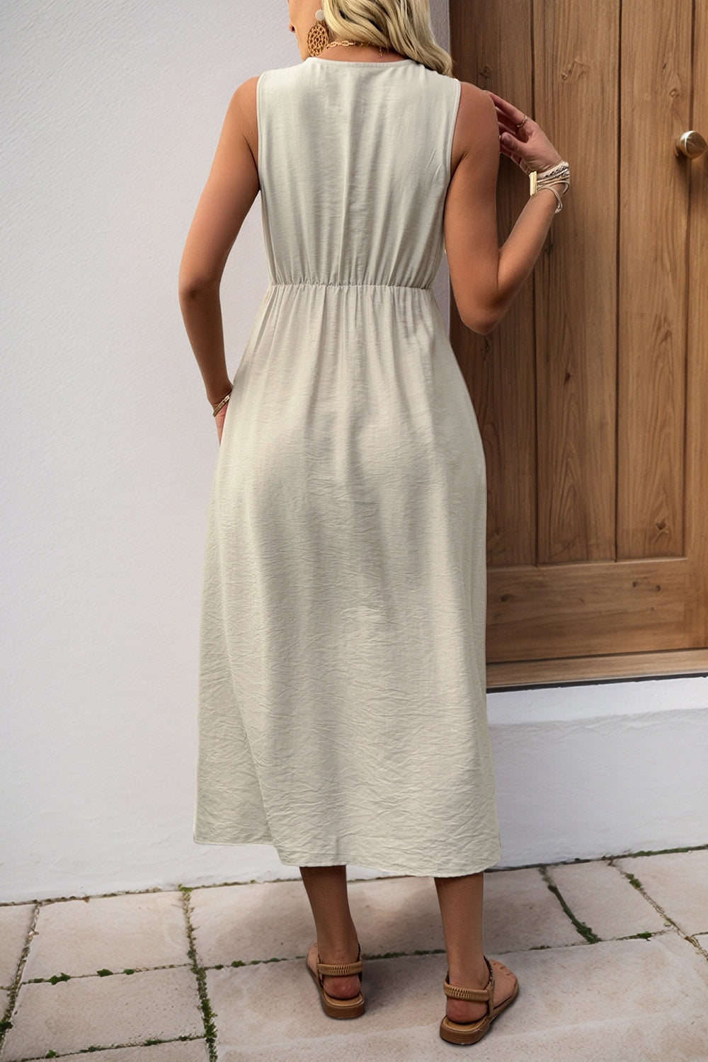 V Neck Khaki A Line Casual Summer Dress with Pockets