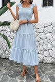 Blue Striped Square Neck Midi Summer Dress