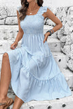 Blue Striped Square Neck Midi Summer Dress