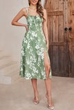Green Spaghetti Straps Printed Summer Dress With Slit