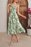 Green Spaghetti Straps Printed Summer Dress With Slit