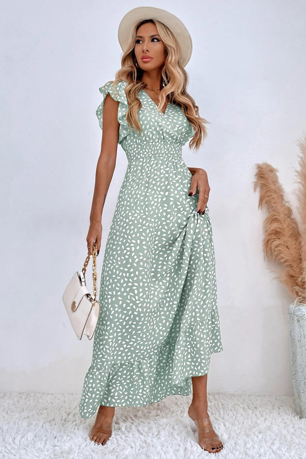 Kahki Polka Dot Ruffle Sleeve Summer Dress