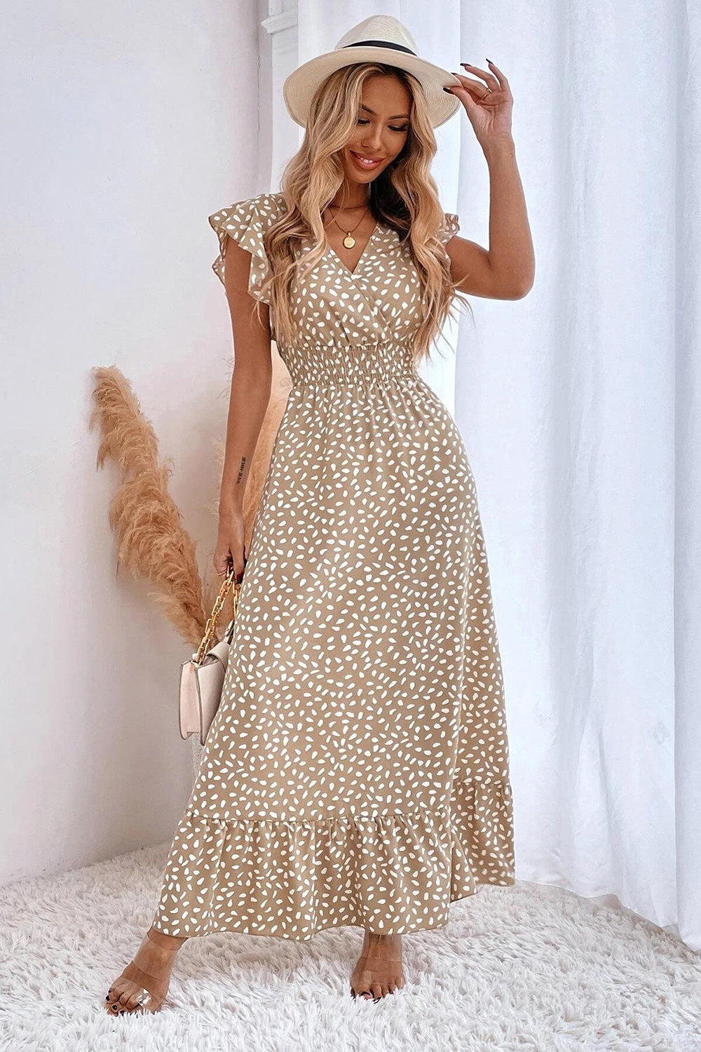 Kahki Polka Dot Ruffle Sleeve Summer Dress