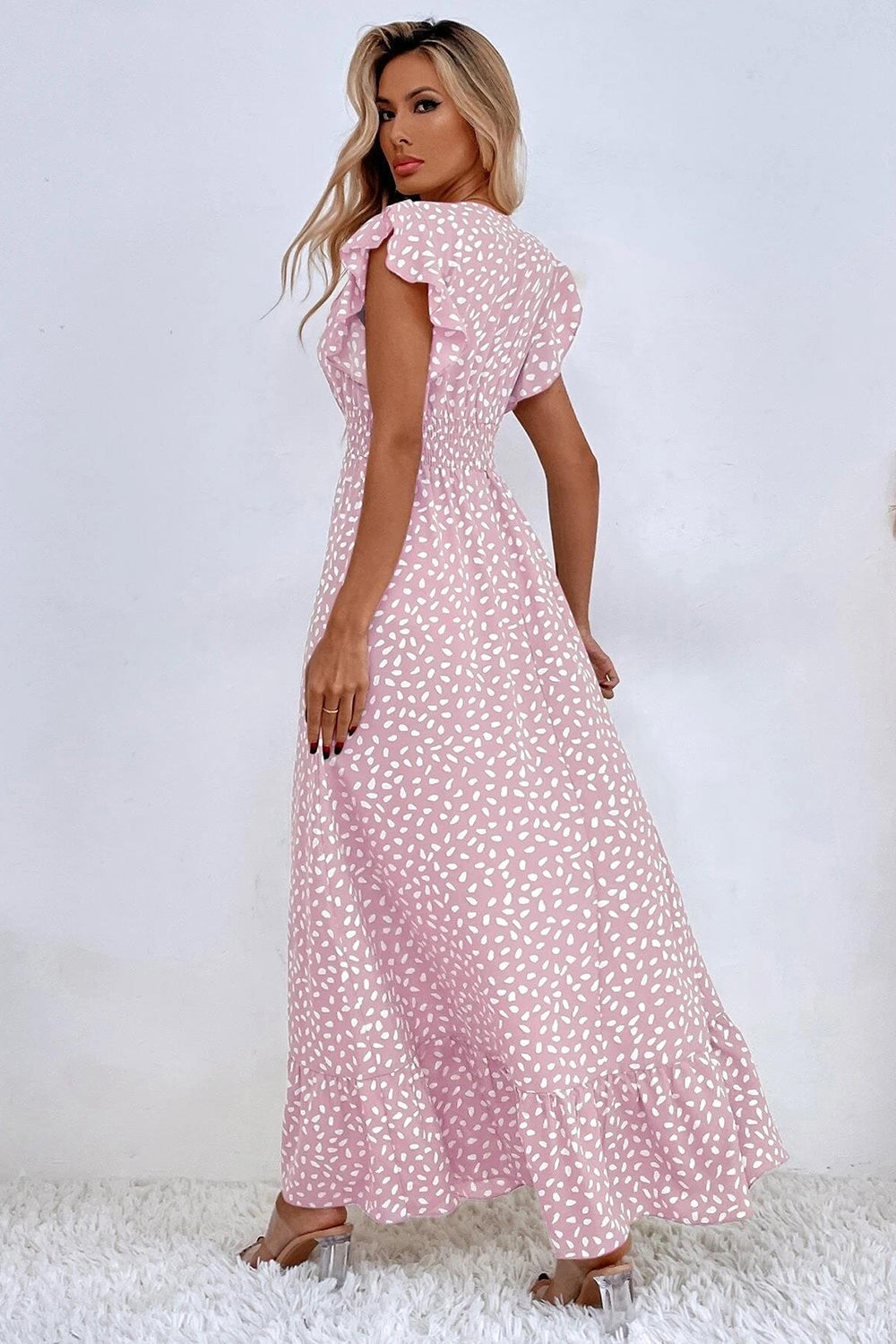 Kahki Polka Dot Ruffle Sleeve Summer Dress