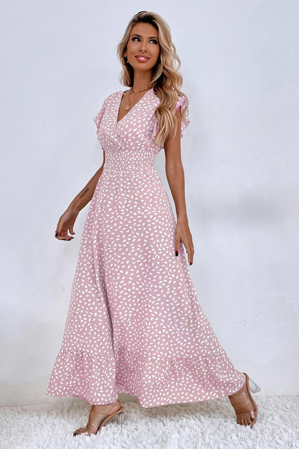 Kahki Polka Dot Ruffle Sleeve Summer Dress