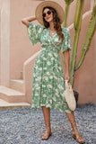 Green Printed V Neck Summer Dress