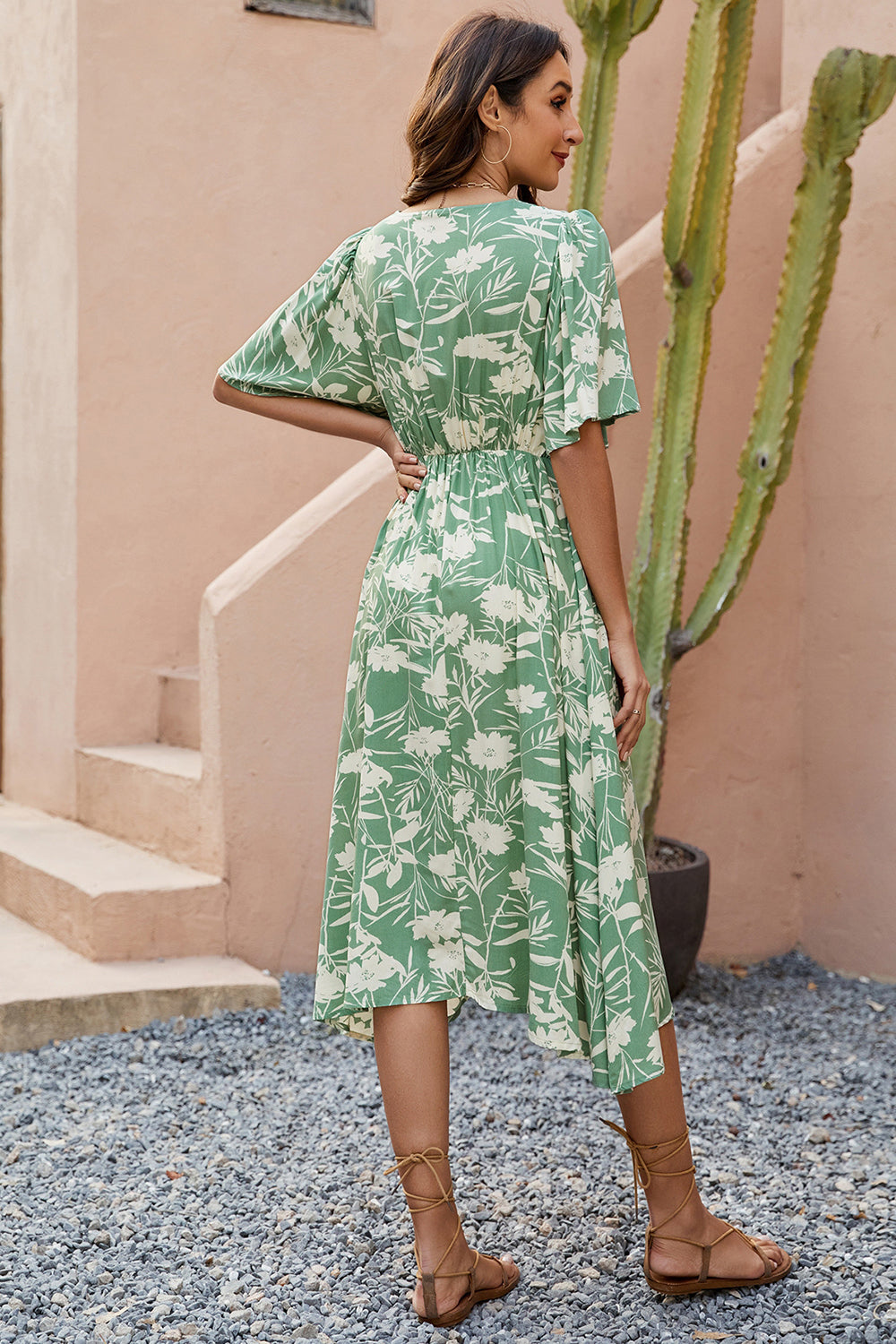 Green Printed V Neck Summer Dress