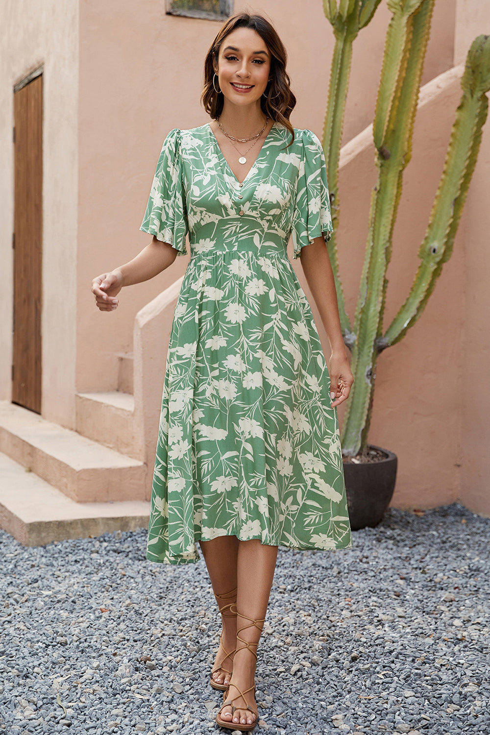 Green Printed V Neck Summer Dress