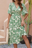 Green Printed V Neck Summer Dress