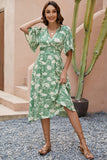 Green Printed V Neck Summer Dress