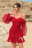 Corset Cold Shoulder Bodycon Red Cocktail Dress With Beading