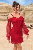 Corset Cold Shoulder Bodycon Red Cocktail Dress With Beading