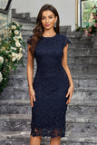 Burgundy Sheath Round Neck Lace Cocktail Dress