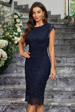Burgundy Sheath Round Neck Lace Cocktail Dress
