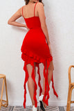 Bodycon Red Satin Ruffled Cocktail Dress