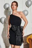 One Shoulder Bodycon Black Cocktail Dress With Bow