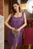 Purple Scoop Neck Satin Short Homecoming Dress with Fringes