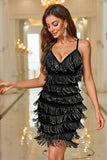 Black Sparkly Spaghetti Straps Short Homecoming Dress with Fringes