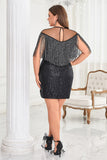 Black Illusion Neck Sequins Sparkly Short Plus Size Homecoming Dress with Fringes