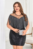 Black Illusion Neck Sequins Sparkly Short Plus Size Homecoming Dress with Fringes