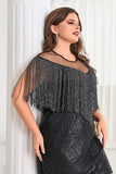 Black Illusion Neck Sequins Sparkly Short Plus Size Homecoming Dress with Fringes