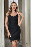 Black Lace Spaghetti Straps Sheath Lace Short Homecoming Dress