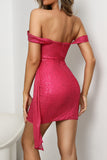 Hot Pink Sequins Sparkly Off the Shoulder Short Homecoming Dress
