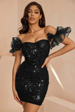 Sparkly Black Ruffled Corset Bodycon Short Cocktail Dress