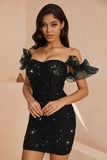 Sparkly Black Ruffled Corset Bodycon Short Cocktail Dress