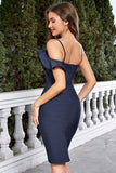 Navy Ruffled Bodycon Spaghetti Straps Short Cocktail Dress