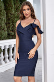 Navy Ruffled Bodycon Spaghetti Straps Short Cocktail Dress