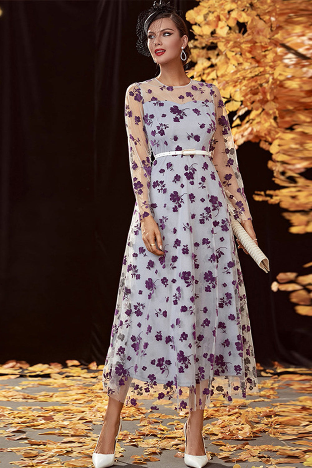 Sliver A Line Tea Length Mother of the Bride Dress with Long Sleeves