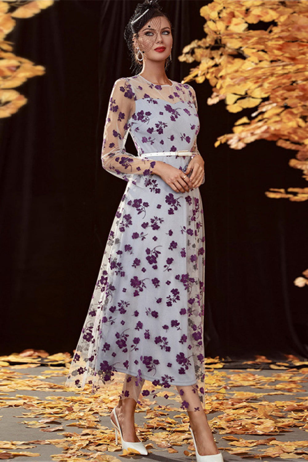 Sliver A Line Tea Length Mother of the Bride Dress with Long Sleeves