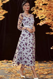 Sliver A Line Tea Length Mother of the Bride Dress with Long Sleeves