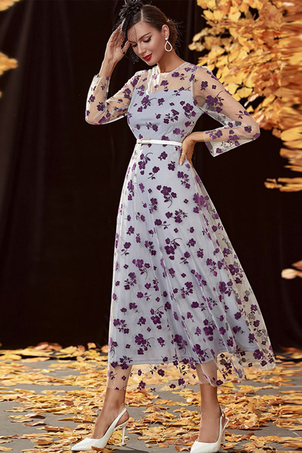Sliver A Line Tea Length Mother of the Bride Dress with Long Sleeves