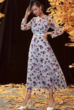 Sliver A Line Tea Length Mother of the Bride Dress with Long Sleeves