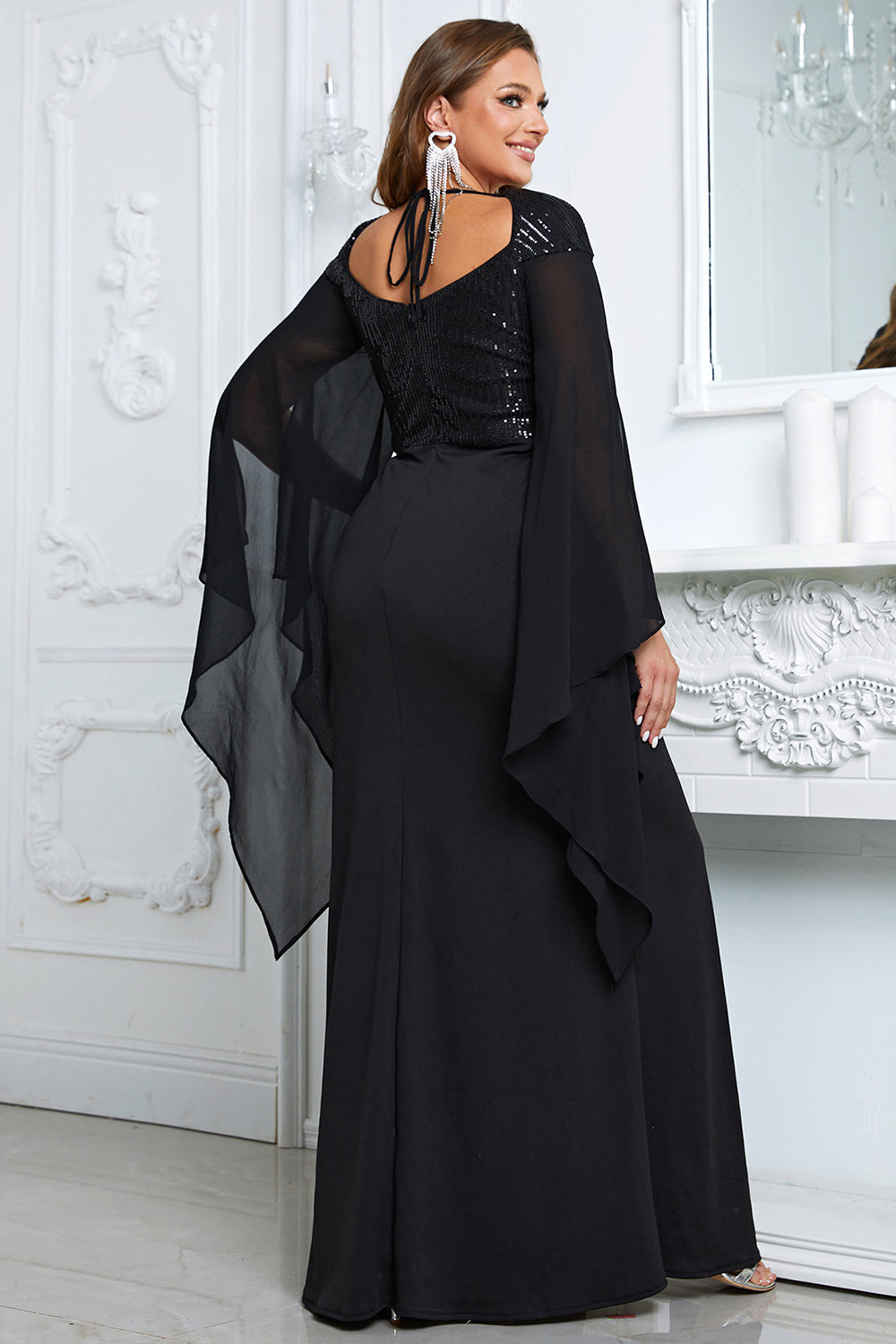Sparkly Black Mermaid Long Mother of the Bride Dresswith Slit