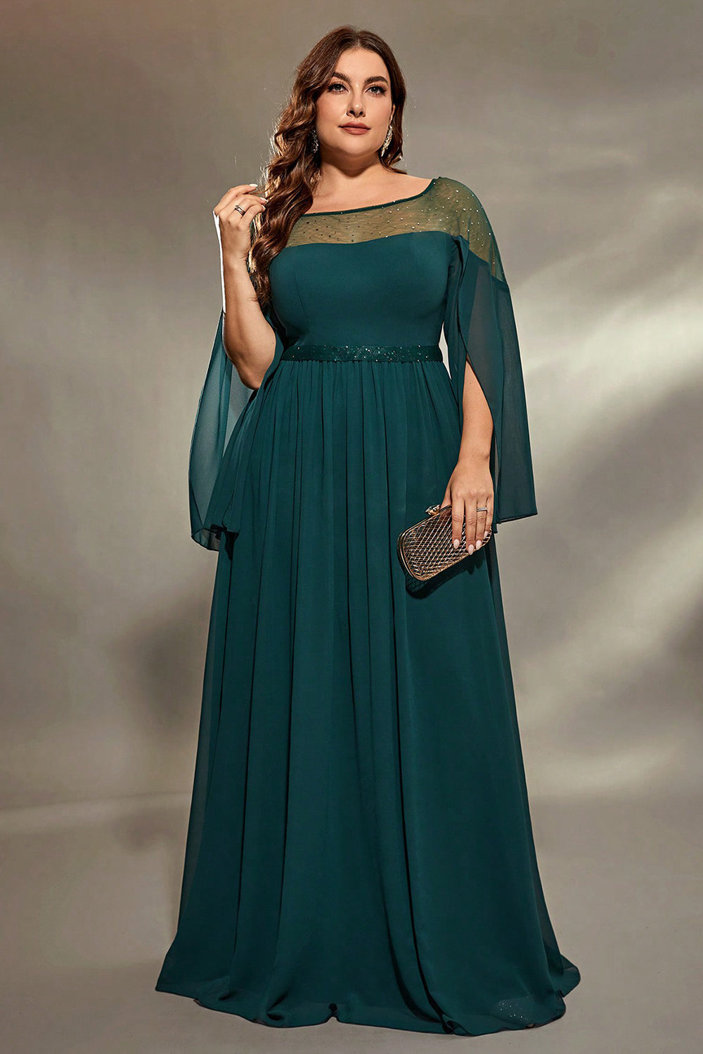 Sparkly Peacock Blue Chiffon Long Mother of the Bride Dress with Beading