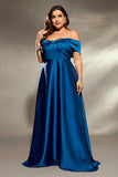 Ink Blue Satin A Line Long Mother of the Bride Dress