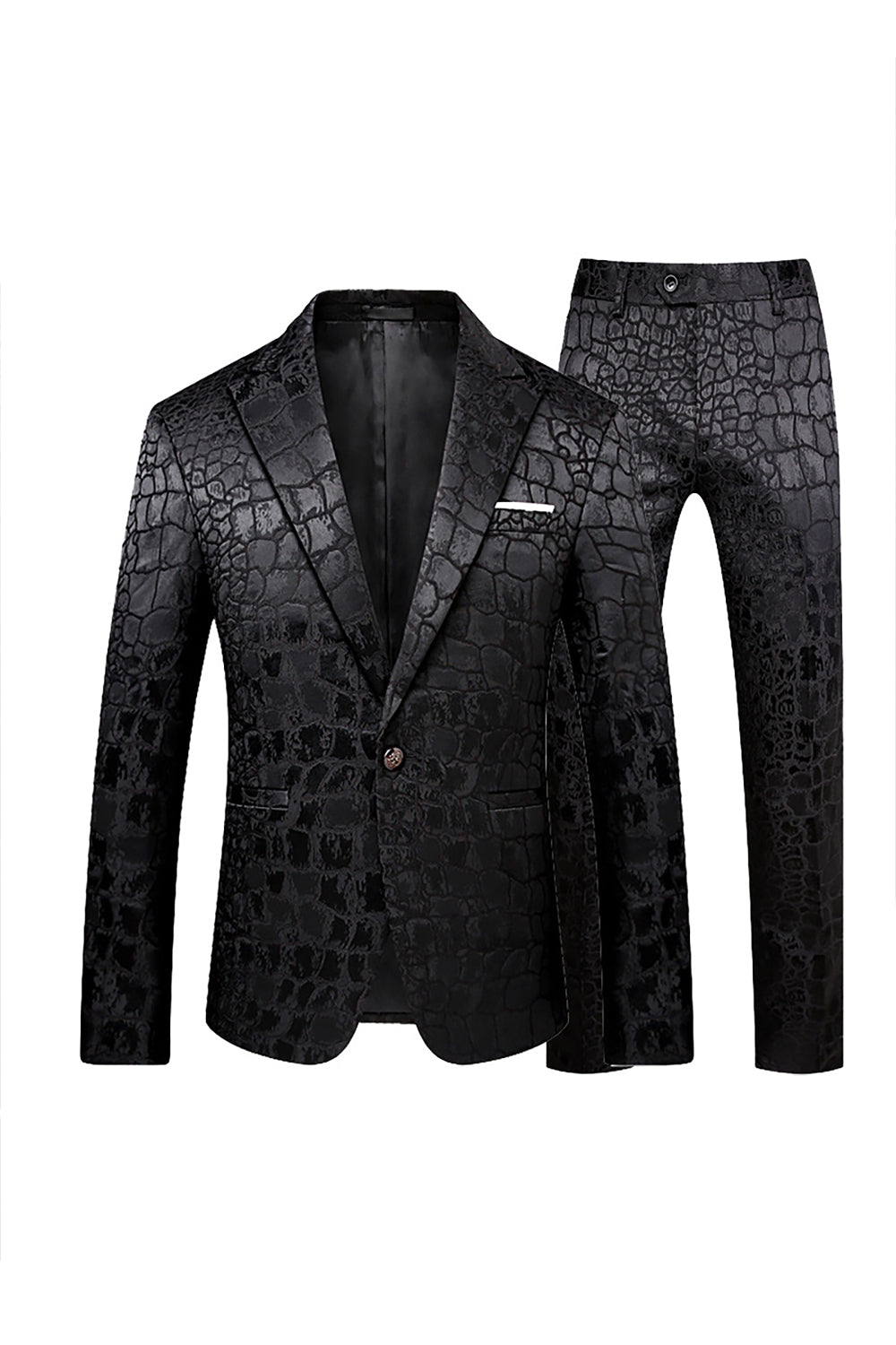 Black Jacquard Peak Lapel One Button 2 Piece Men's Suit