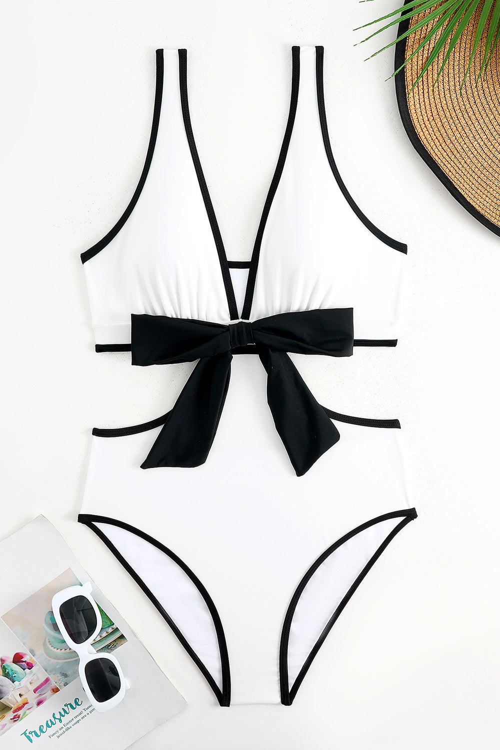 White Cut Out One-Piece Swimsuit with Bow