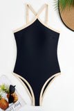 Black One-Piece Swimsuit with Nude Contrast Trim