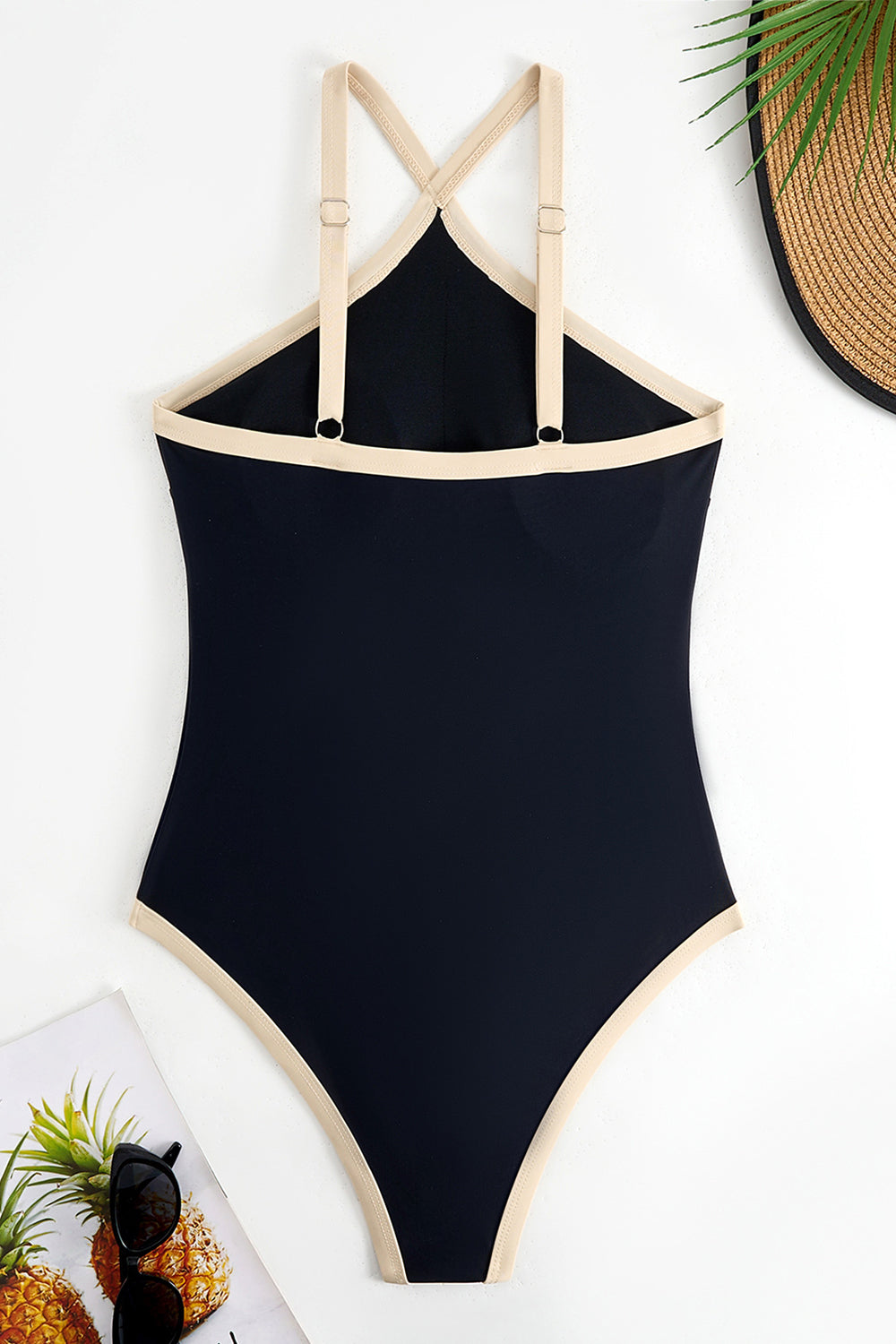 Black One-Piece Swimsuit with Nude Contrast Trim
