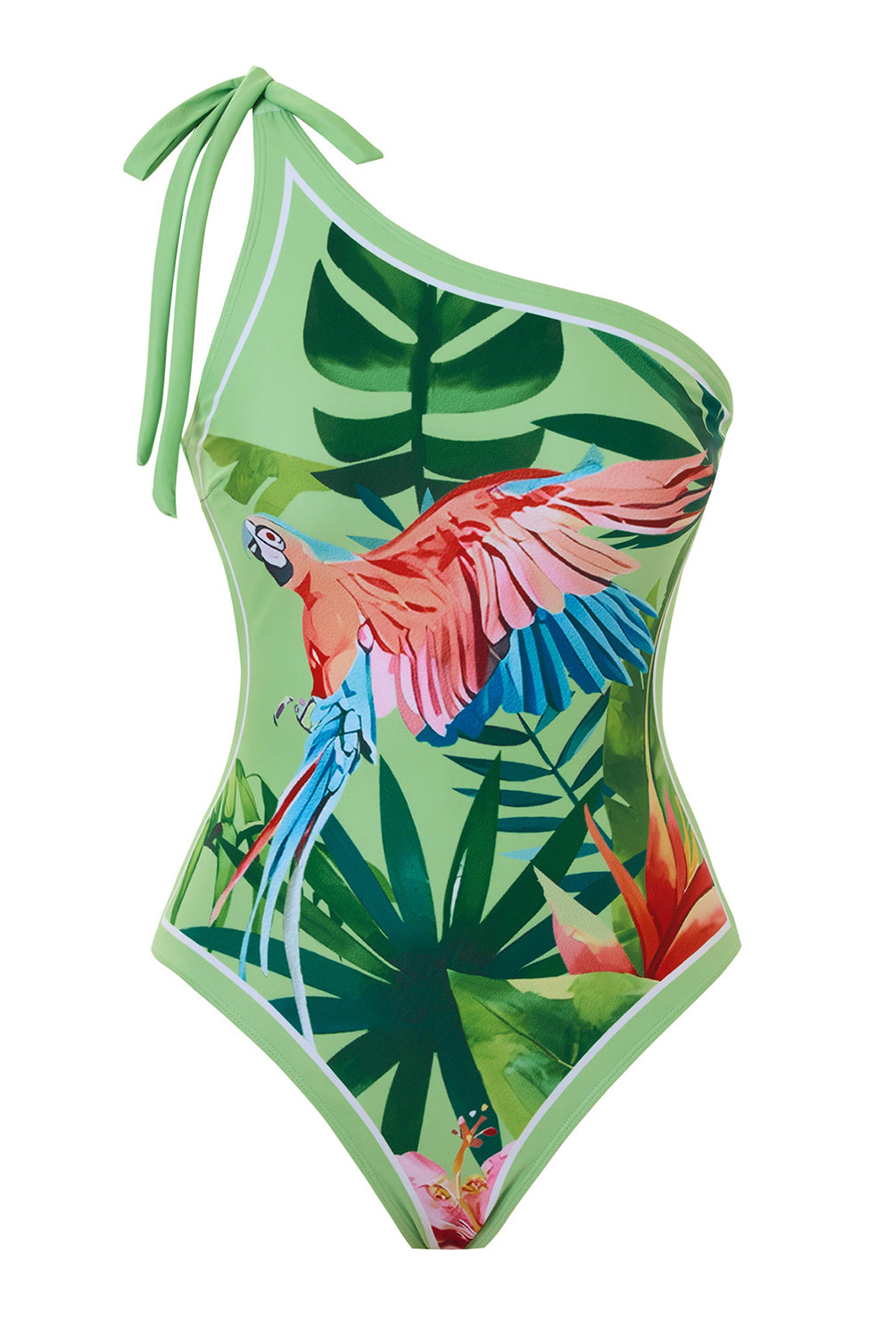 Green Tropical Print One Shoulder Swimsuit