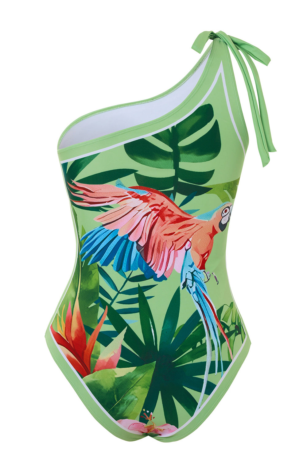 Green Tropical Print One Shoulder Swimsuit