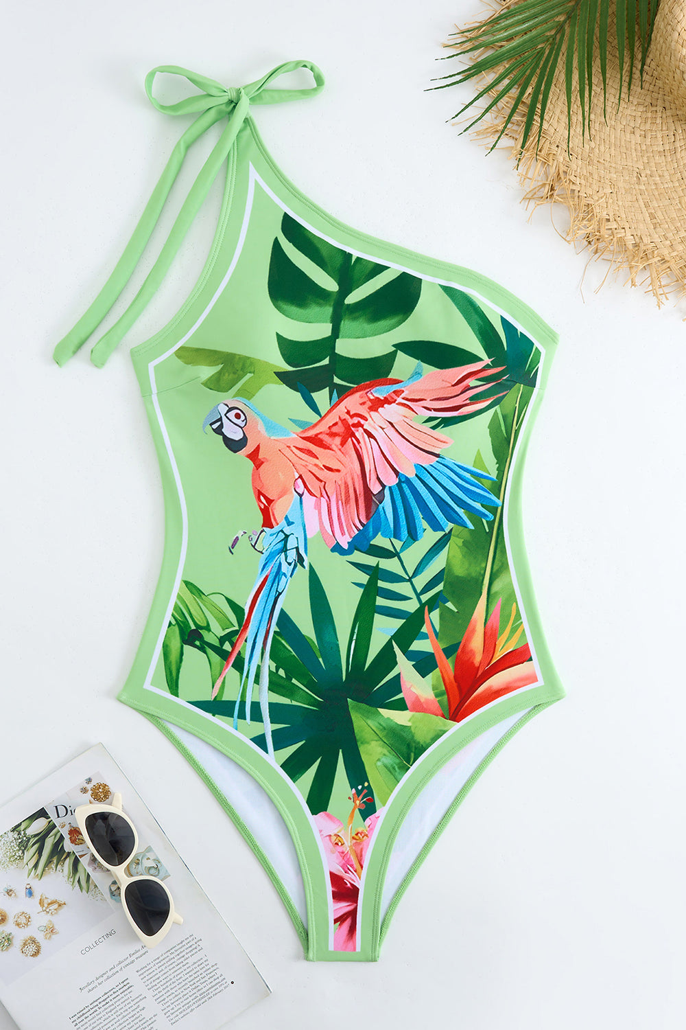 Green Tropical Print One Shoulder Swimsuit