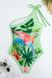 Green Tropical Print One Shoulder Swimsuit