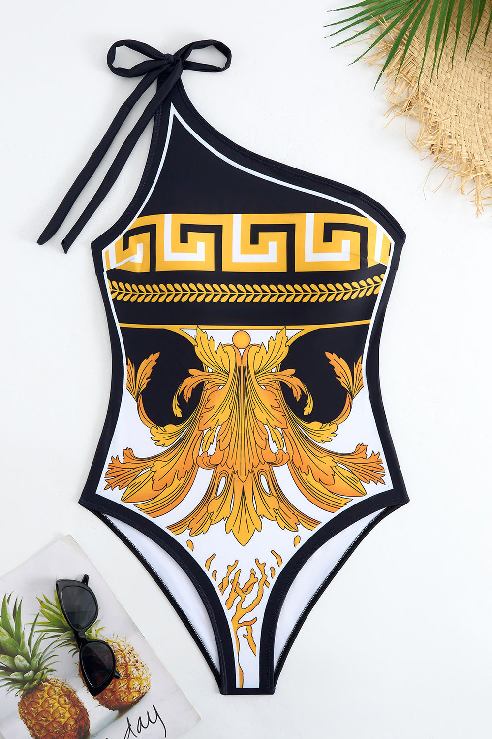 Print One Shoulder Golden Swimsuit